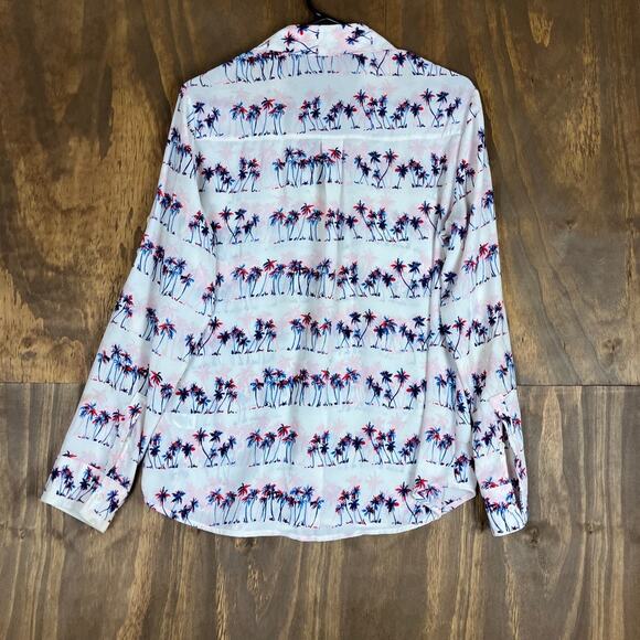 Express Womens Blouse White Palm Tree Portofino V Neck Button Down Sheer M - Picture 10 of 12